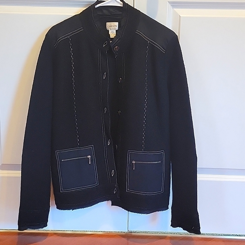 CHICO'S Vintage Wool Casual Button Down Front Blazer Black w/ Stiching sz 1